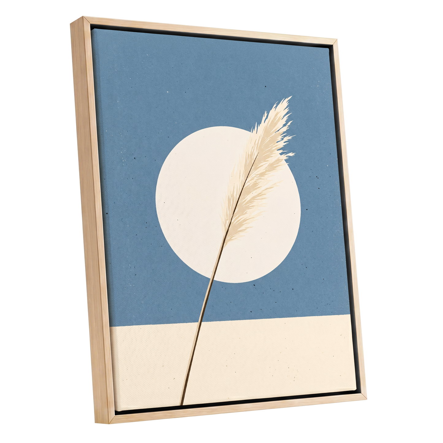 Pampas Halo, blue, beige, brown nature wall art shown as a oak framed canvas wall art