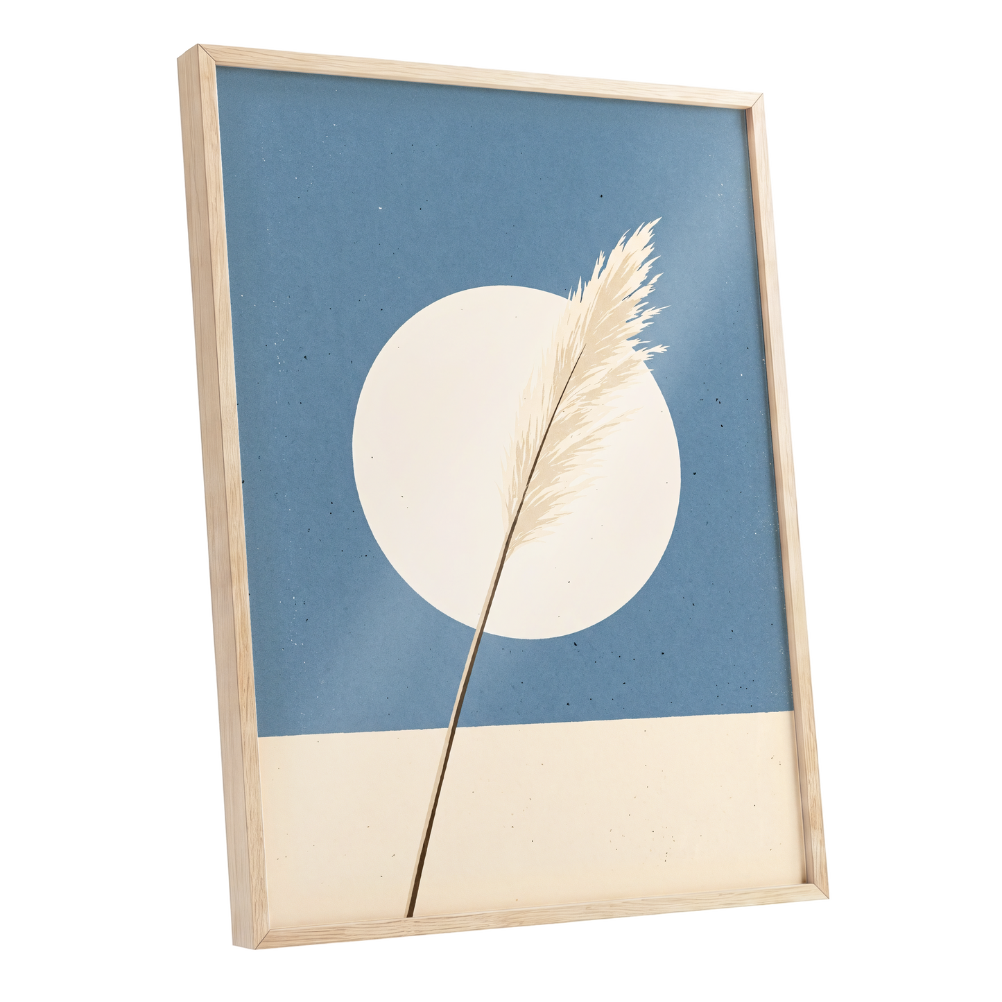 Pampas Halo, blue, beige, brown nature wall art shown as a oak framed poster wall art print