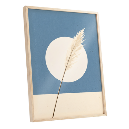 Pampas Halo, blue, beige, brown nature wall art shown as a oak framed poster wall art print