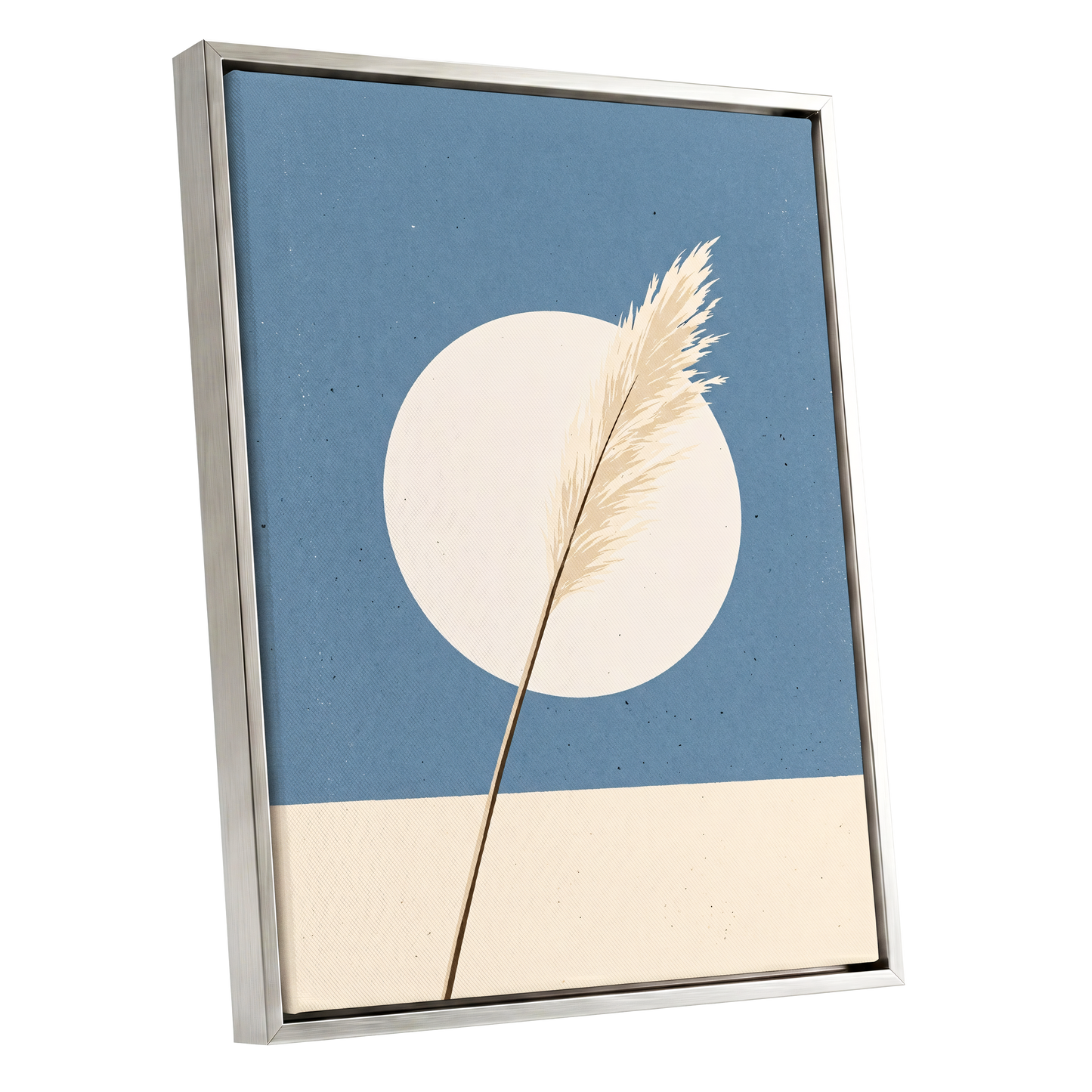 Pampas Halo, blue, beige, brown nature wall art shown as a silver framed canvas wall art