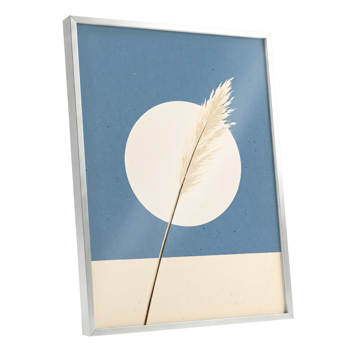 Pampas Halo, blue, beige, brown nature wall art shown as a silver framed poster wall art print