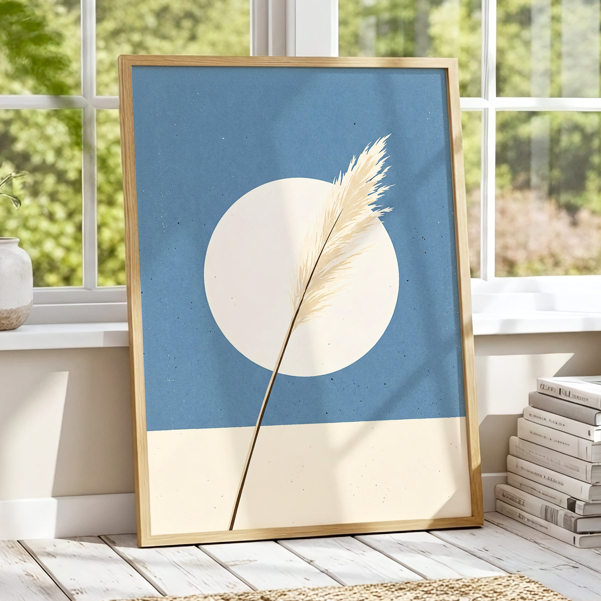 Pampas Halo, blue, beige, brown nature wall art displayed in a styled interior, gallery view 1