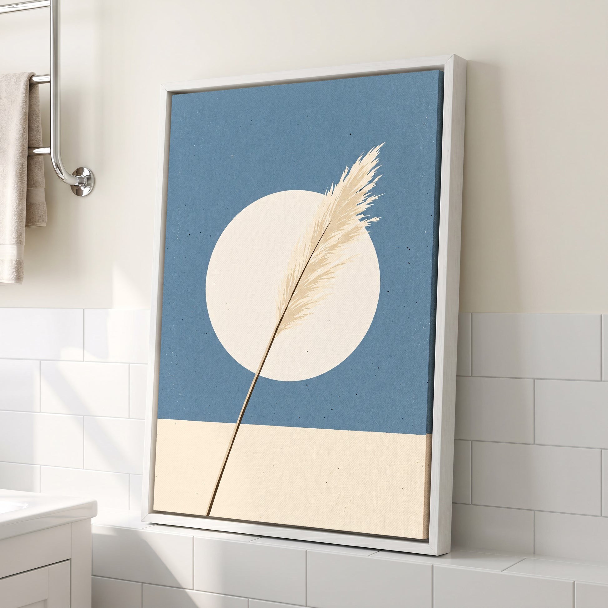 Pampas Halo, blue, beige, brown nature wall art displayed in a styled interior, gallery view 3