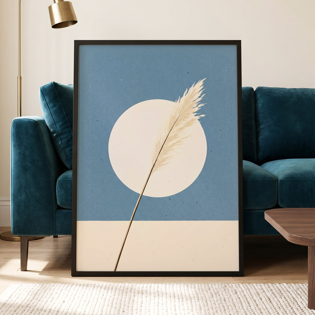 Pampas Halo, blue, beige, brown nature wall art displayed in a styled interior, gallery view 6