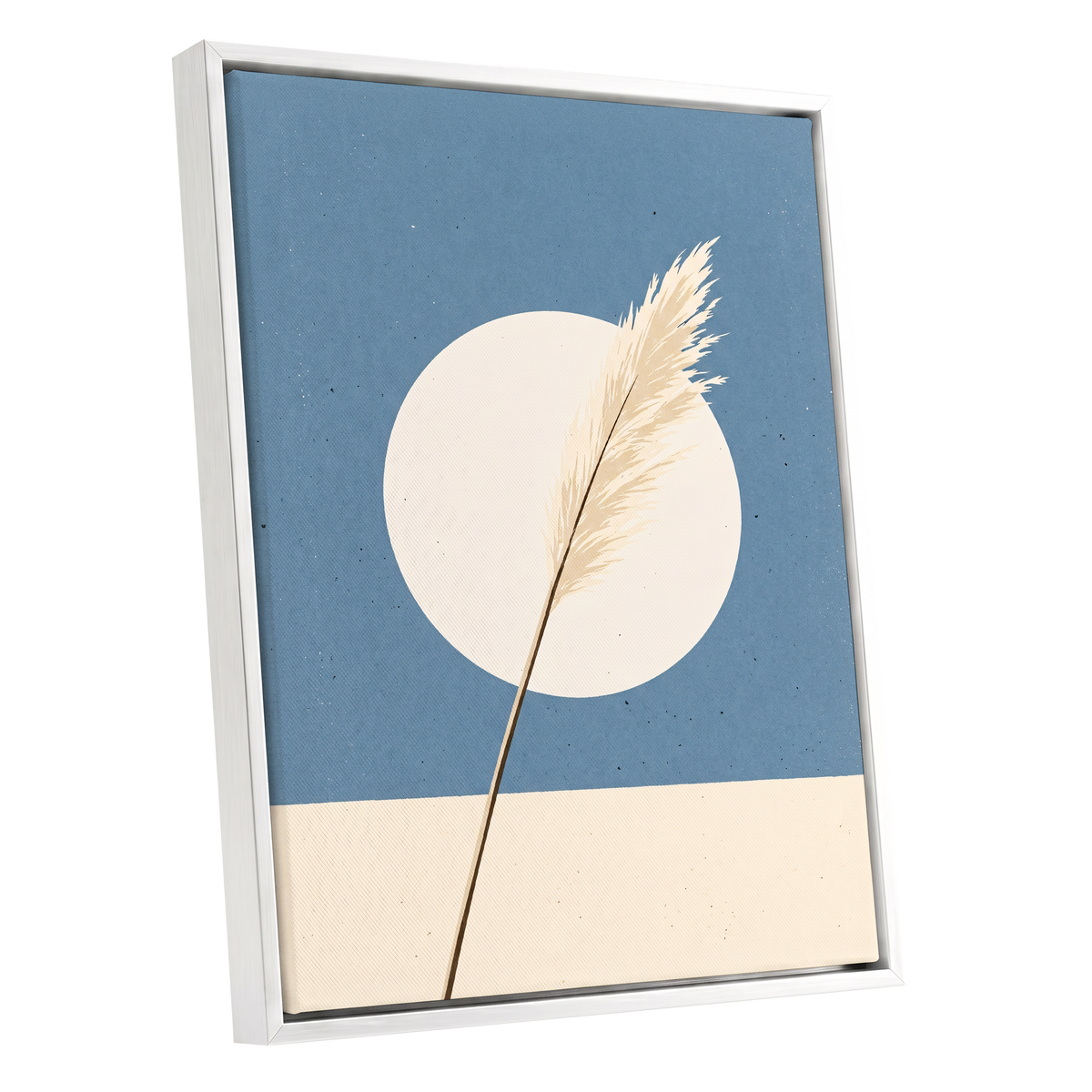 Pampas Halo, blue, beige, brown nature wall art shown as a white framed canvas wall art