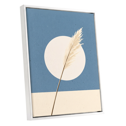 Pampas Halo, blue, beige, brown nature wall art shown as a white framed canvas wall art