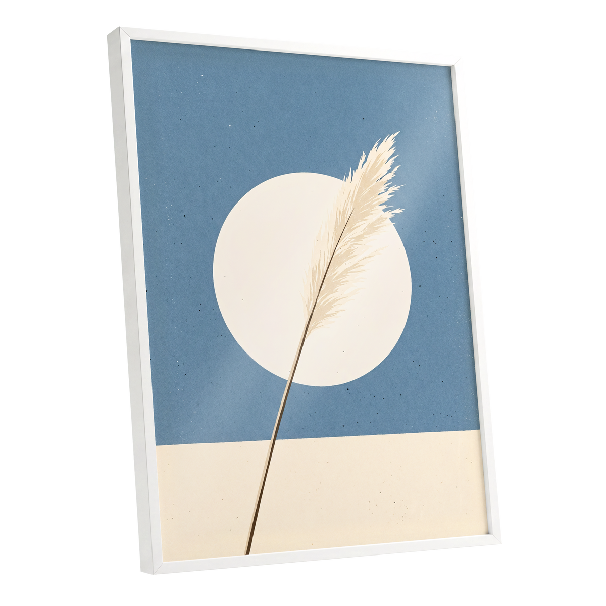 Pampas Halo, blue, beige, brown nature wall art shown as a white framed poster wall art print