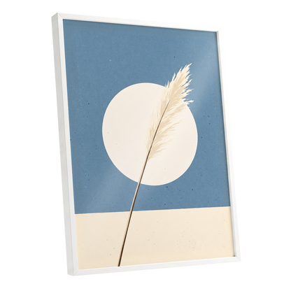 Pampas Halo, blue, beige, brown nature wall art shown as a white framed poster wall art print