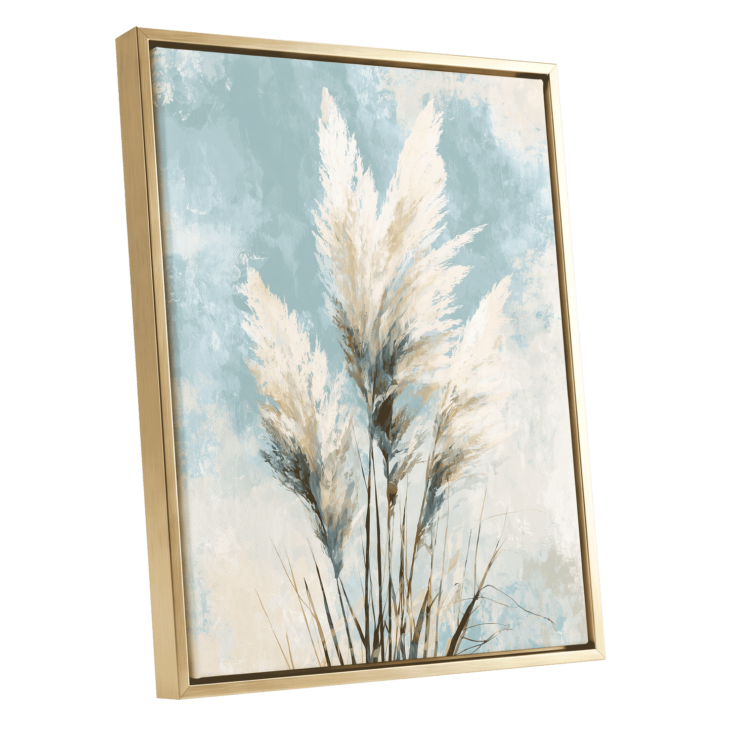 Pampas in Pale Blue – gold framed canvas option