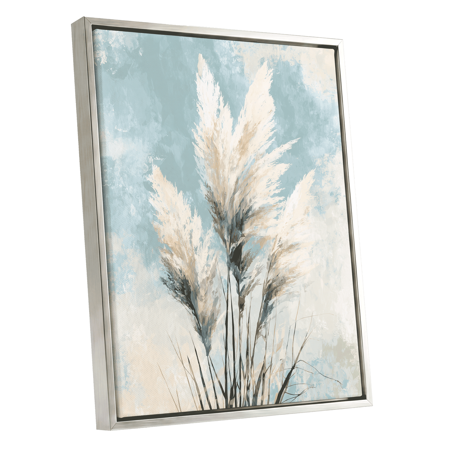 Pampas in Pale Blue – silver framed canvas option