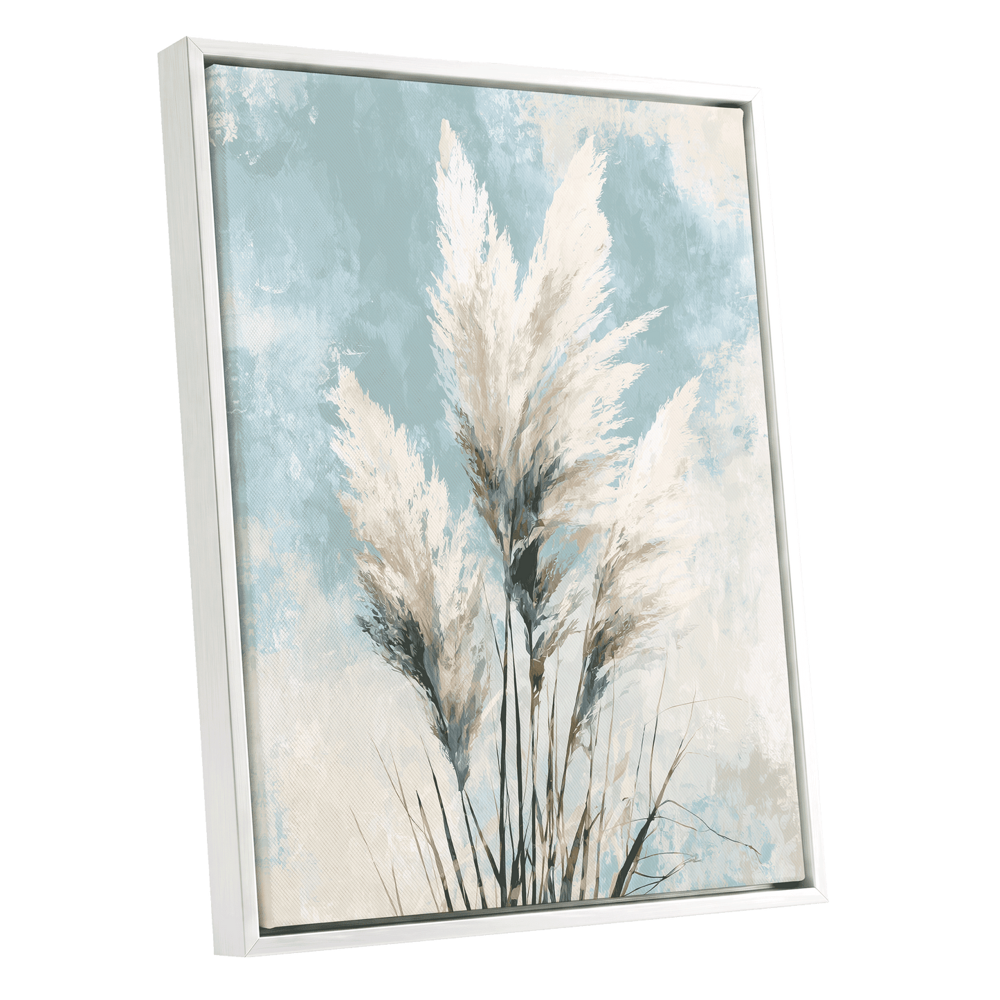 Pampas in Pale Blue – white framed canvas option