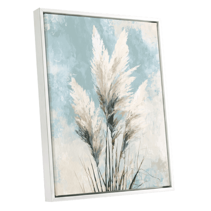 Pampas in Pale Blue – white framed canvas option