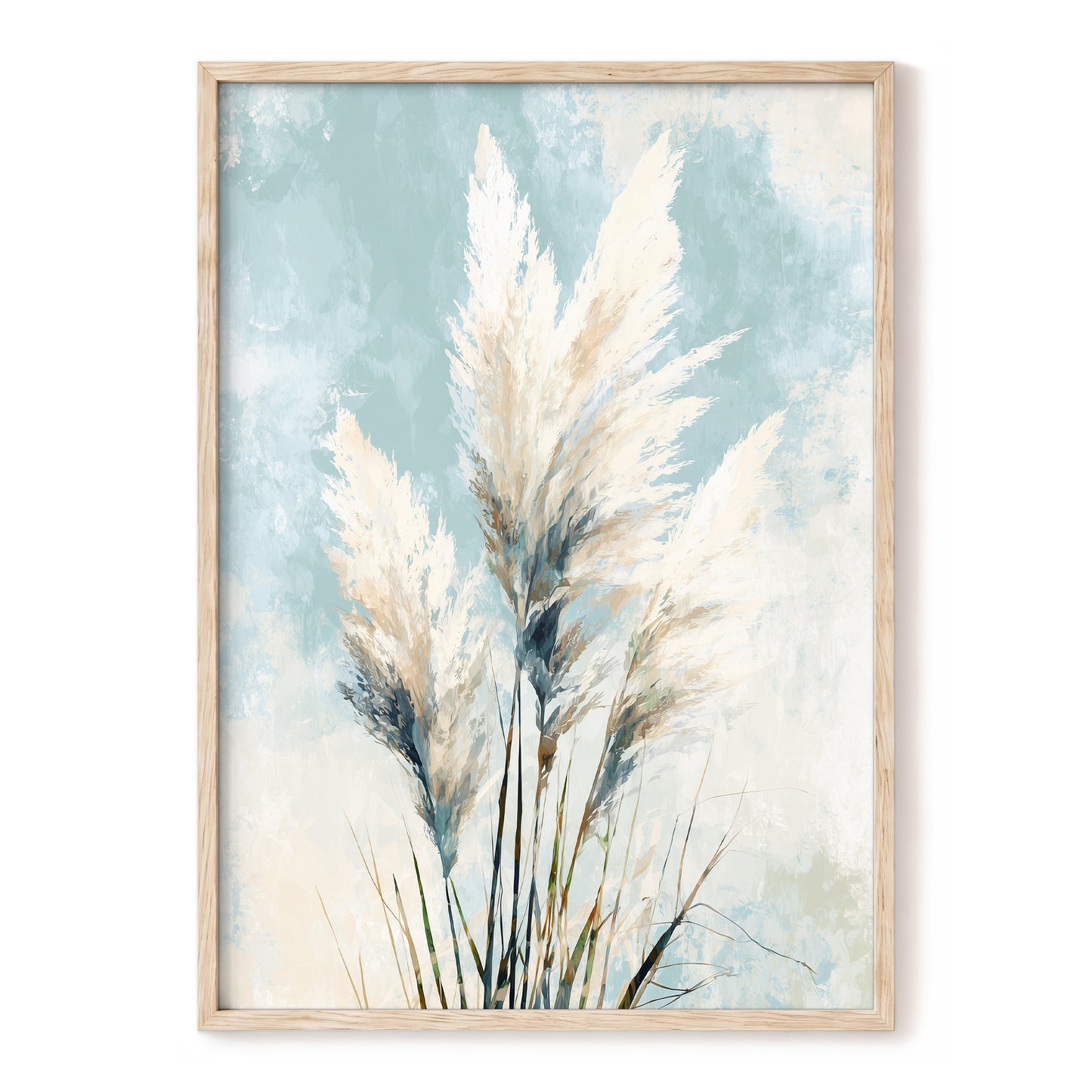 Pampas in Pale Blue – blue, white, beige nature wall art, front view