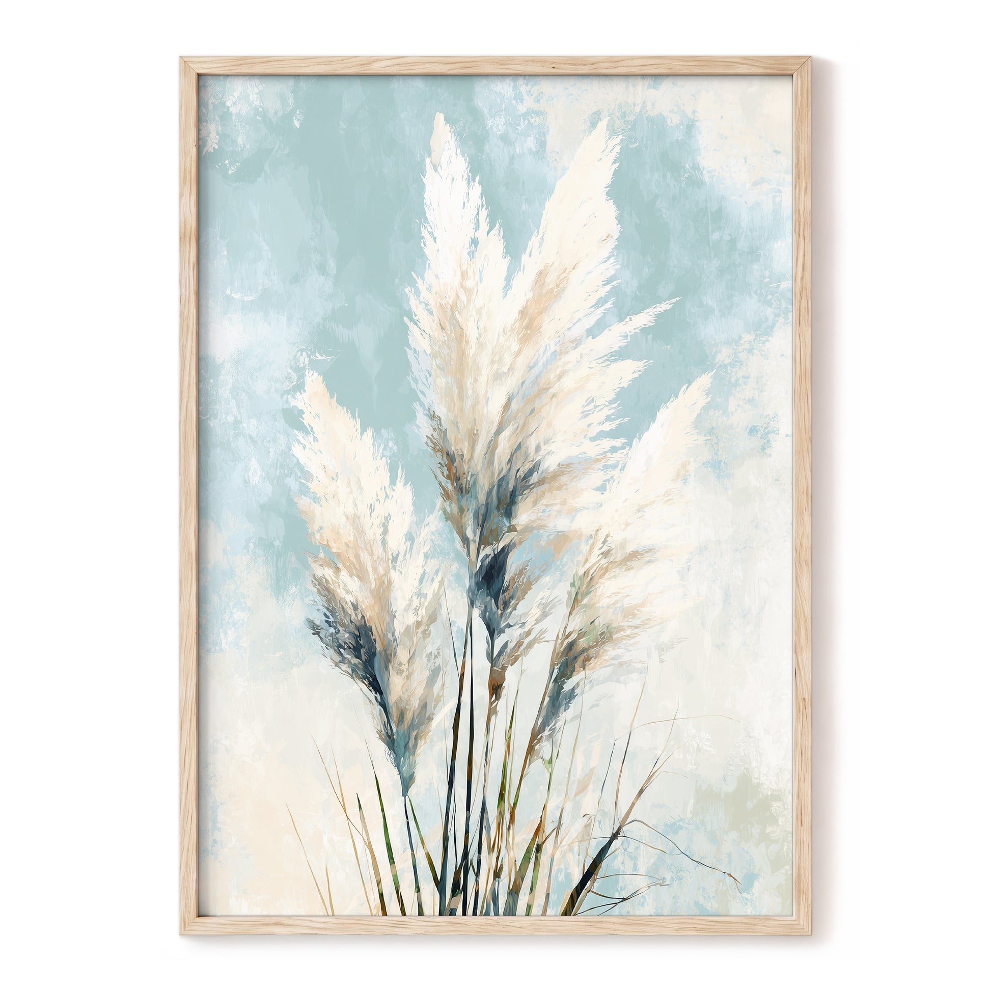 Pampas in Pale Blue – blue, white, beige nature wall art, front view