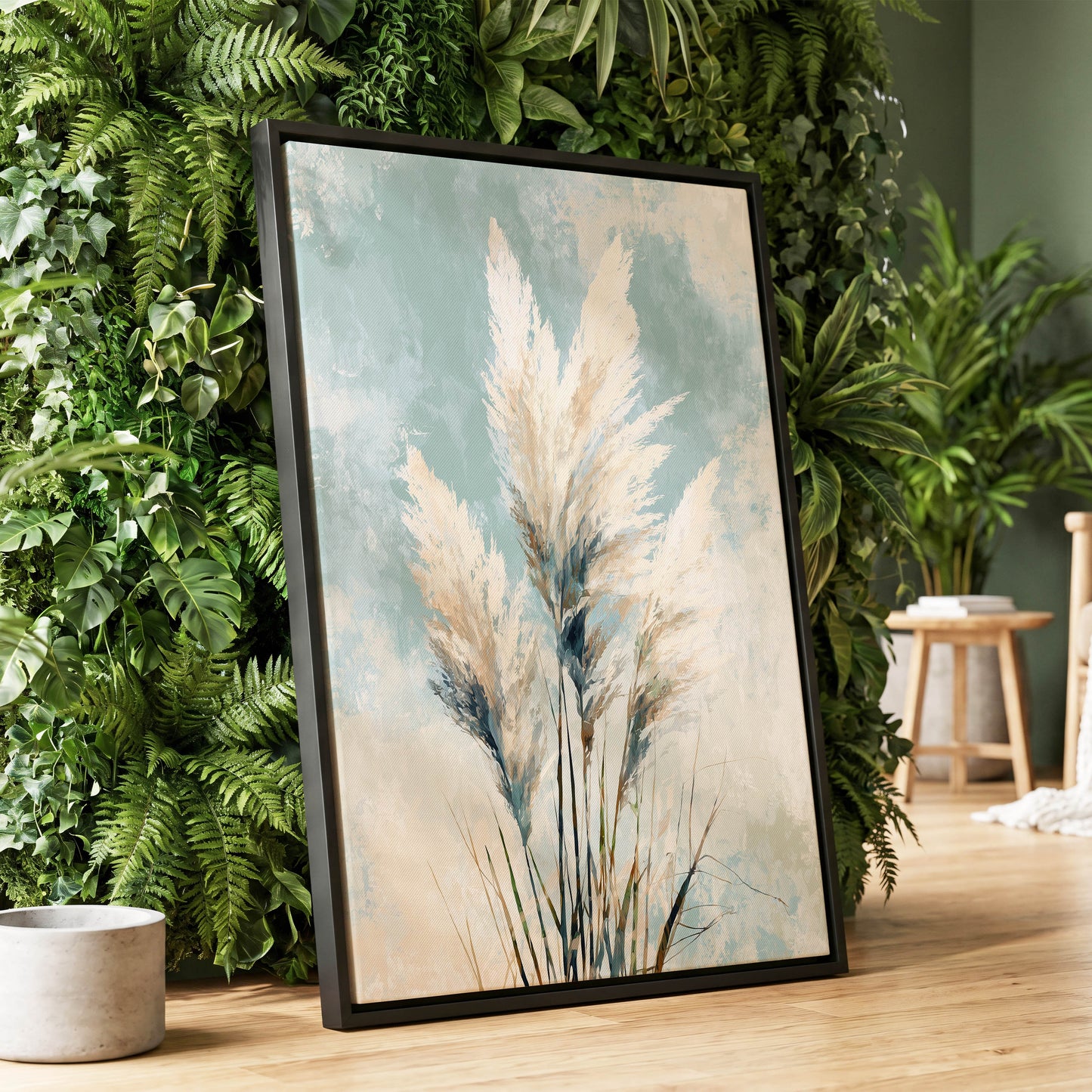 Pampas in Pale Blue – wall art displayed in a styled interior, gallery view 1
