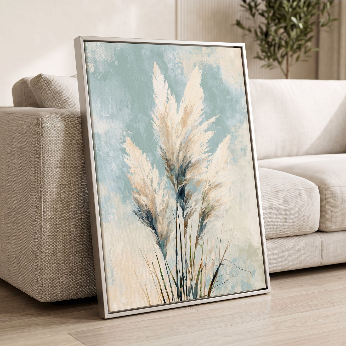 Pampas in Pale Blue – wall art displayed in a styled interior, gallery view 2