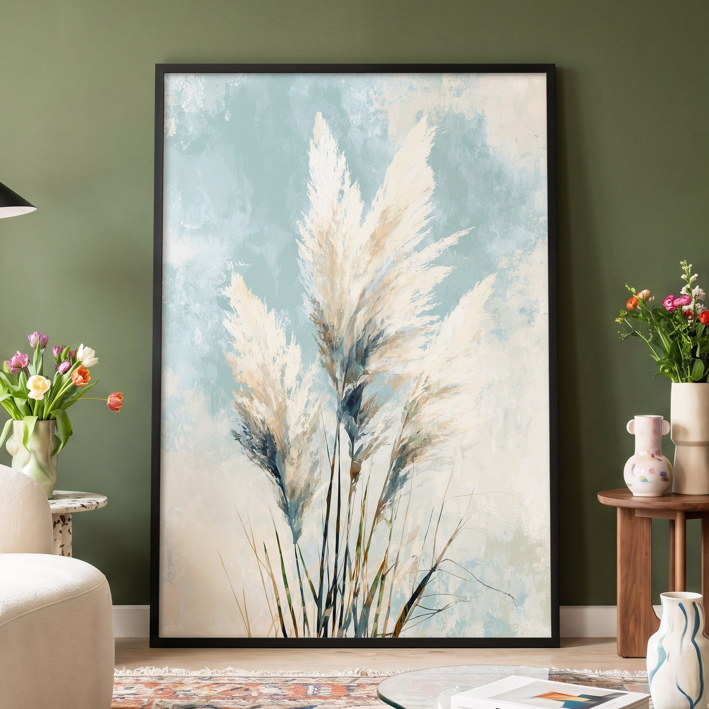 Pampas in Pale Blue – wall art displayed in a styled interior, gallery view 4