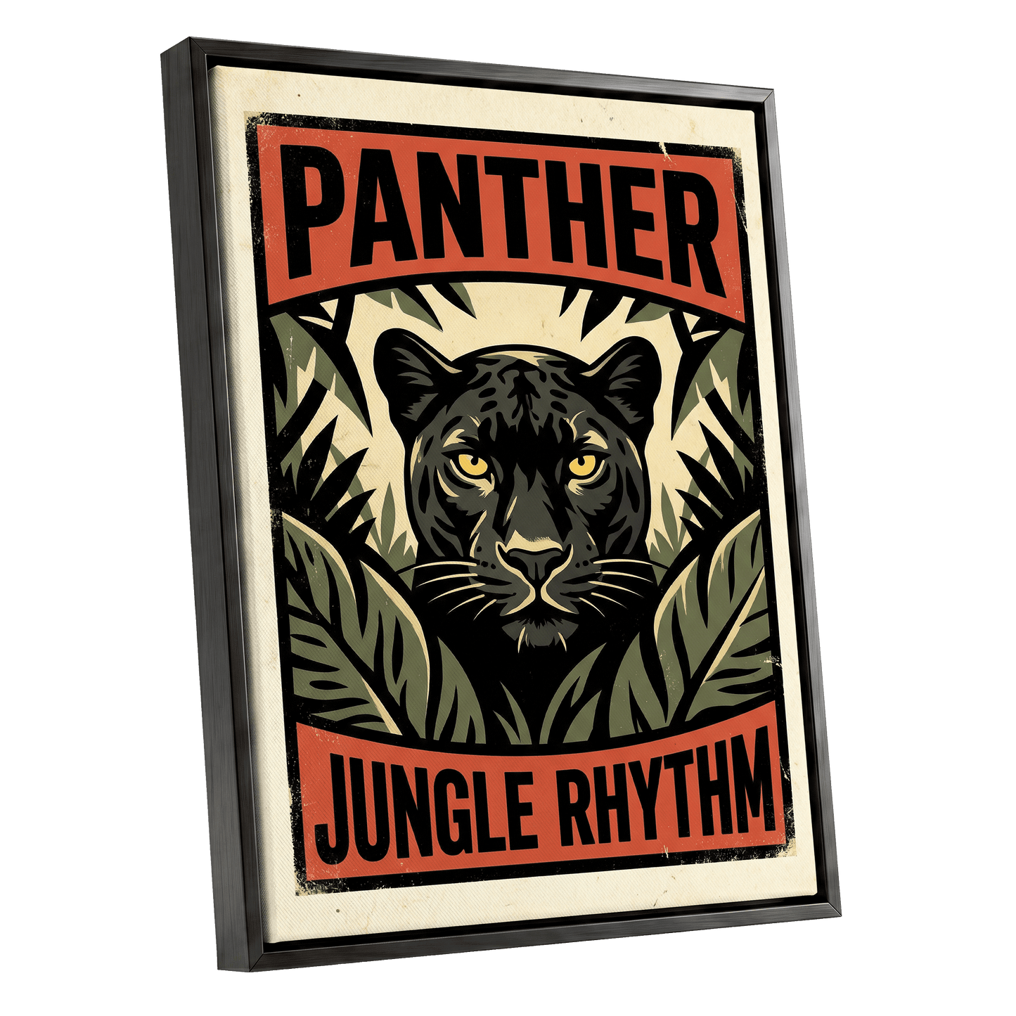 Panther Jungle Rhythm, black, green, beige nature wall art shown as a black framed canvas wall art
