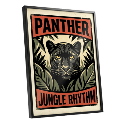 Panther Jungle Rhythm, black, green, beige nature wall art shown as a black framed poster wall art print