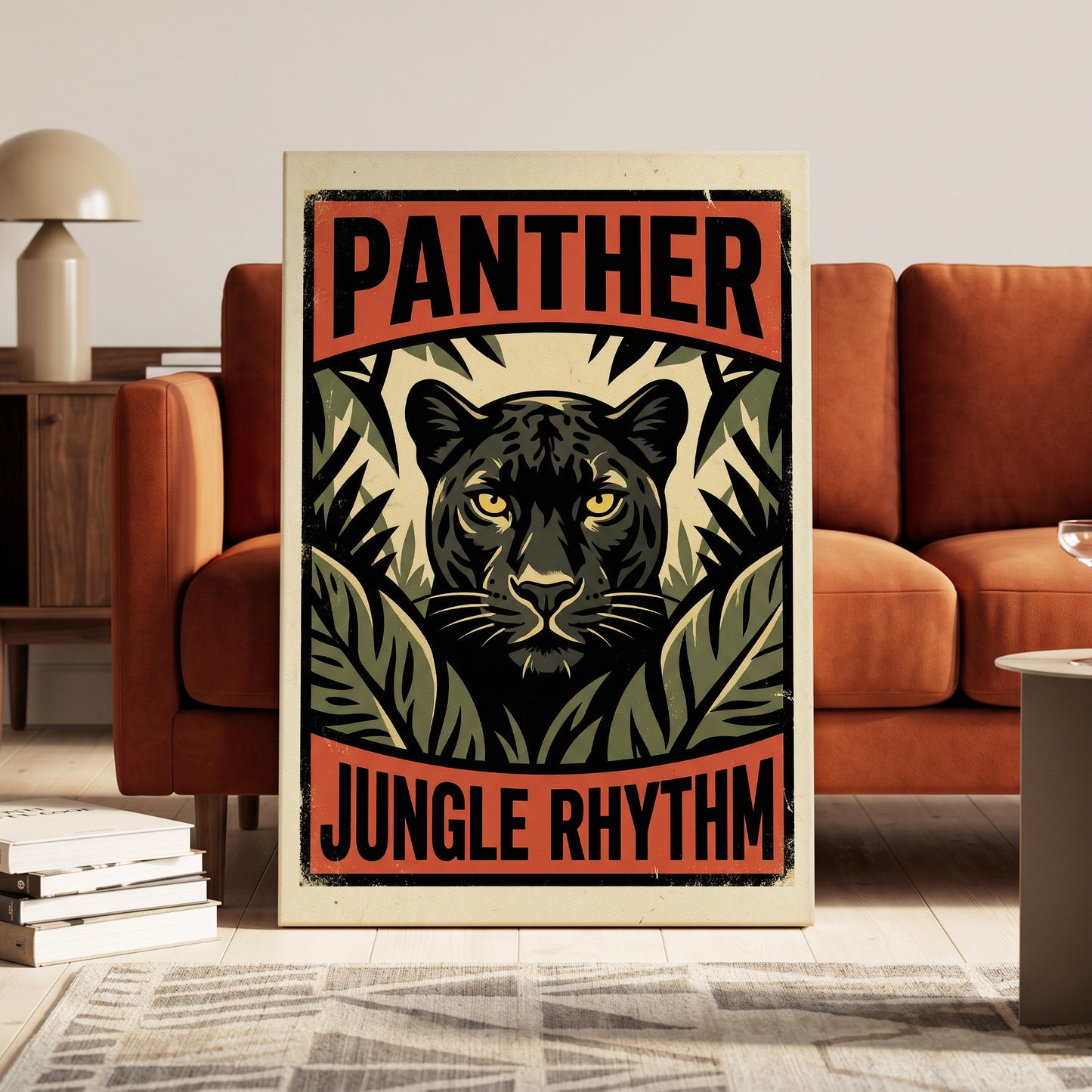 Panther Jungle Rhythm, black, green, beige nature wall art on canvas displayed in a styled interior, gallery view 1
