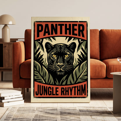 Panther Jungle Rhythm, black, green, beige nature wall art on canvas displayed in a styled interior, gallery view 1