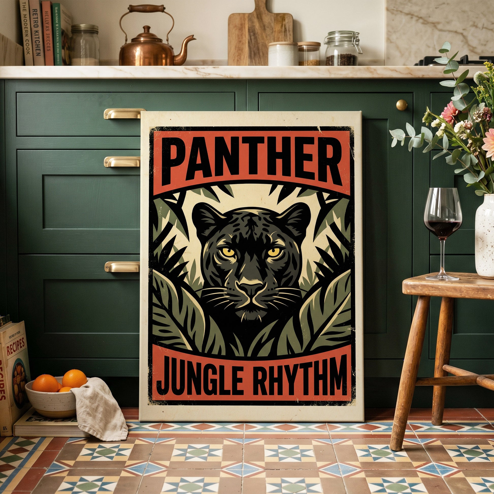 Panther Jungle Rhythm, black, green, beige nature wall art on canvas displayed in a styled interior, gallery view 2