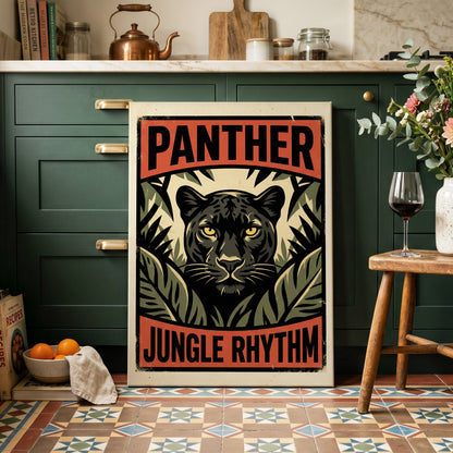 Panther Jungle Rhythm, black, green, beige nature wall art on canvas displayed in a styled interior, gallery view 2