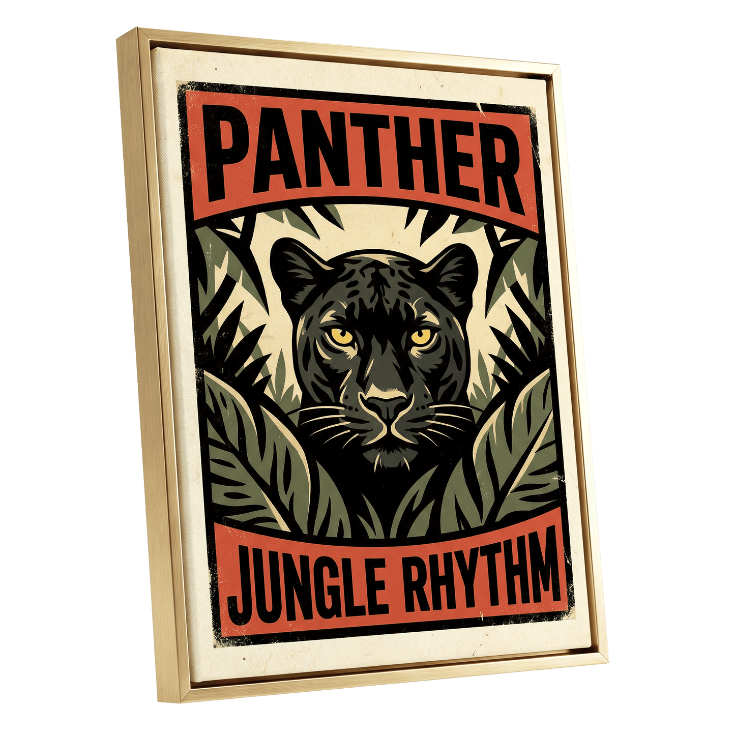 Panther Jungle Rhythm, black, green, beige nature wall art shown as a gold framed canvas wall art