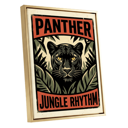 Panther Jungle Rhythm, black, green, beige nature wall art shown as a gold framed canvas wall art