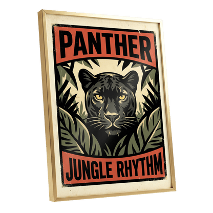 Panther Jungle Rhythm, black, green, beige nature wall art shown as a gold framed poster wall art print