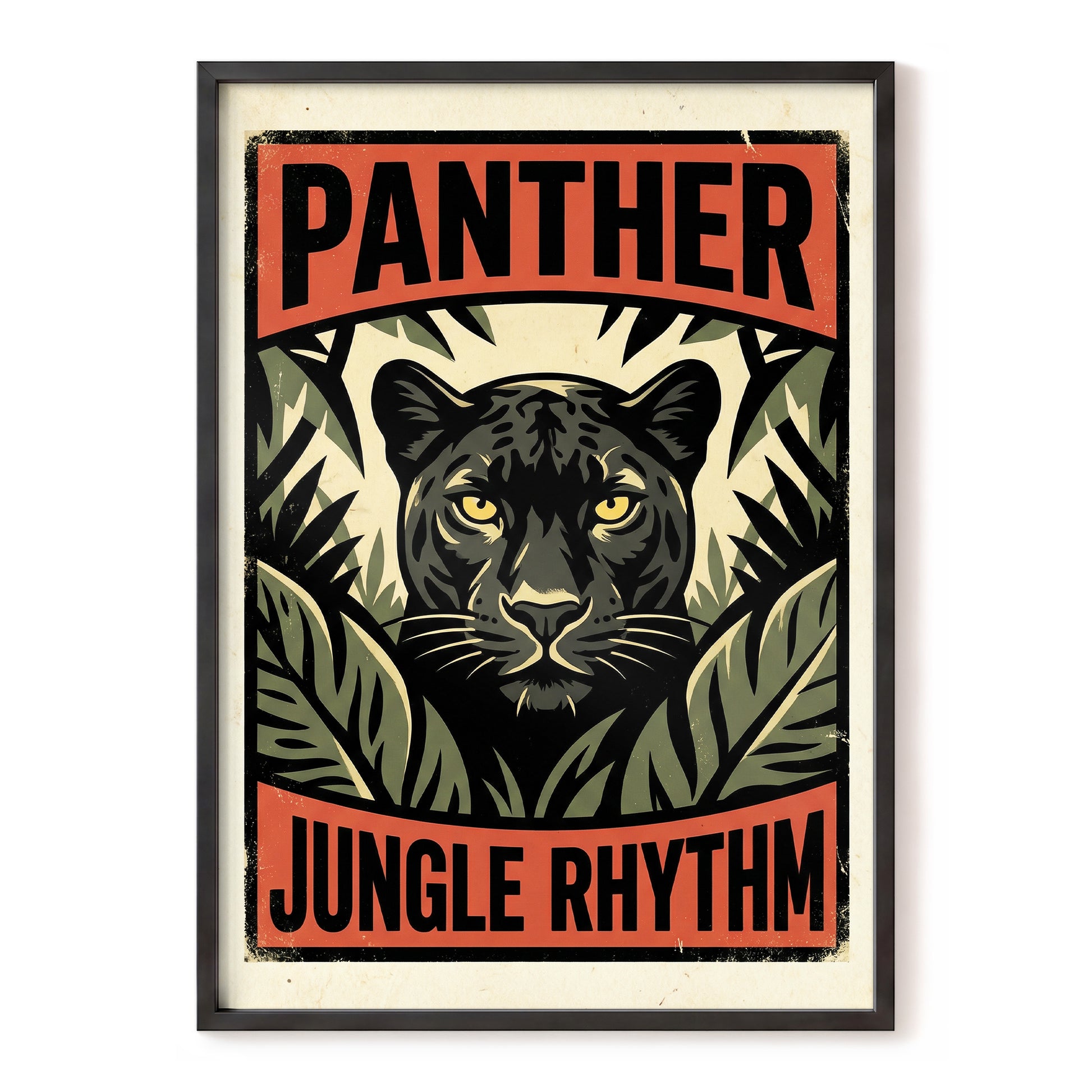 Panther Jungle Rhythm, black, green, beige nature wall art, front artwork view