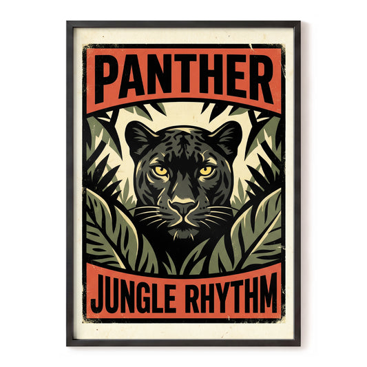 Panther Jungle Rhythm, black, green, beige nature wall art, front artwork view