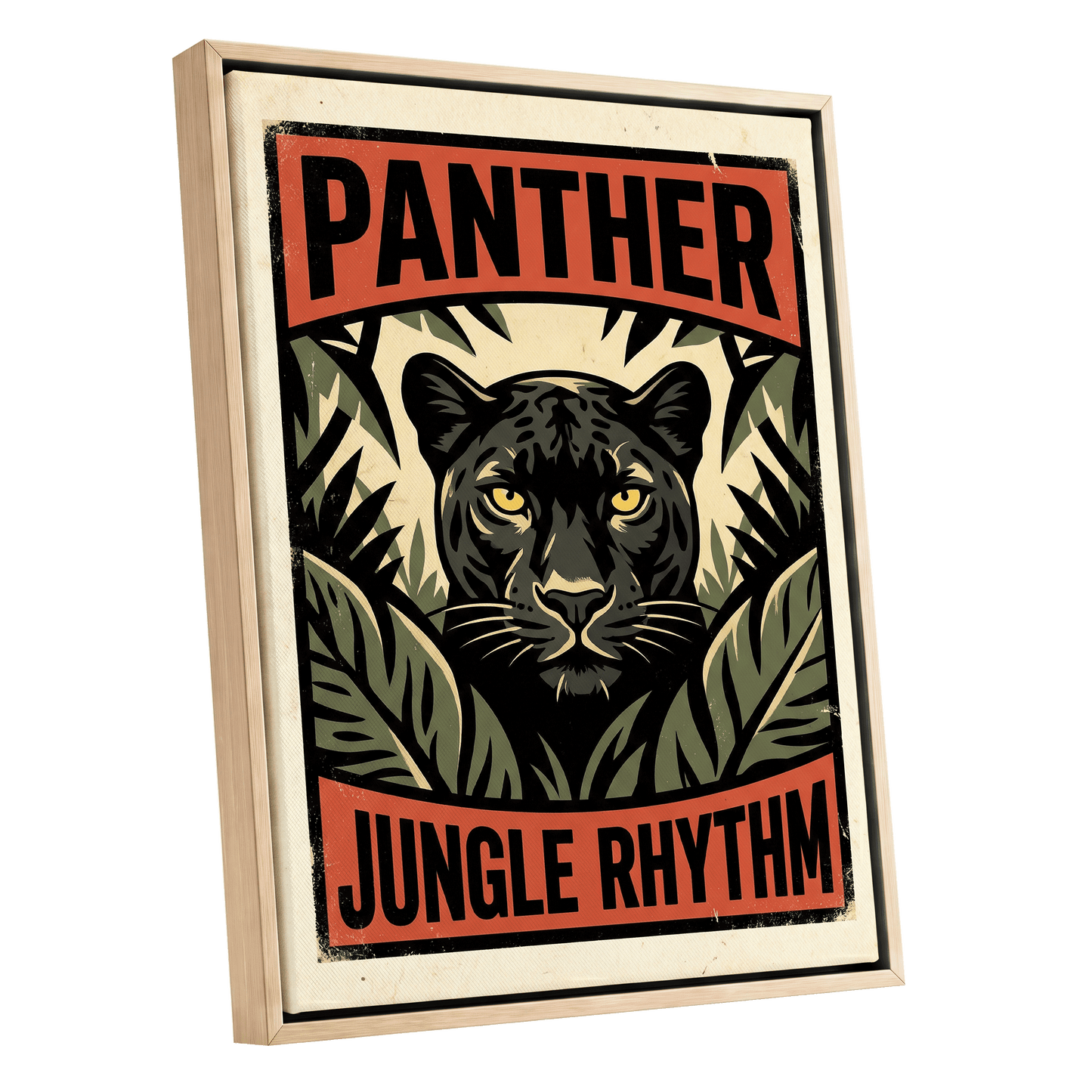Panther Jungle Rhythm, black, green, beige nature wall art shown as a oak framed canvas wall art