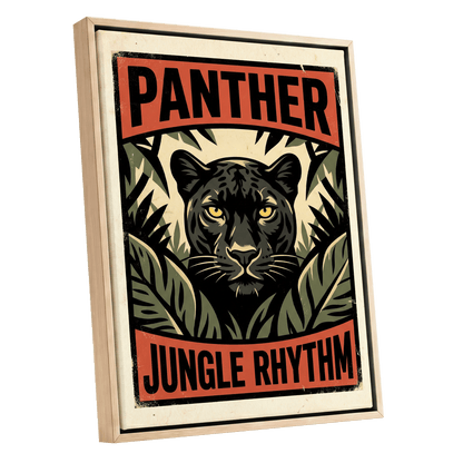 Panther Jungle Rhythm, black, green, beige nature wall art shown as a oak framed canvas wall art