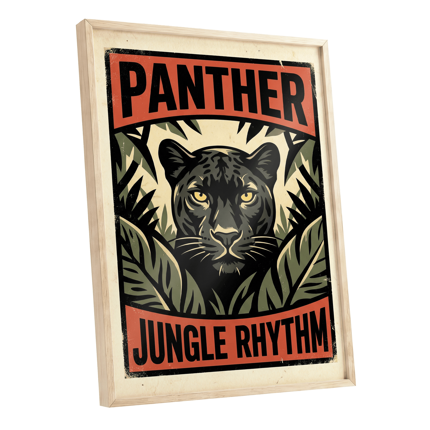 Panther Jungle Rhythm, black, green, beige nature wall art shown as a oak framed poster wall art print