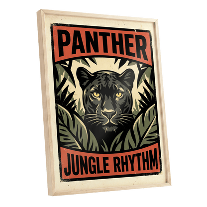 Panther Jungle Rhythm, black, green, beige nature wall art shown as a oak framed poster wall art print