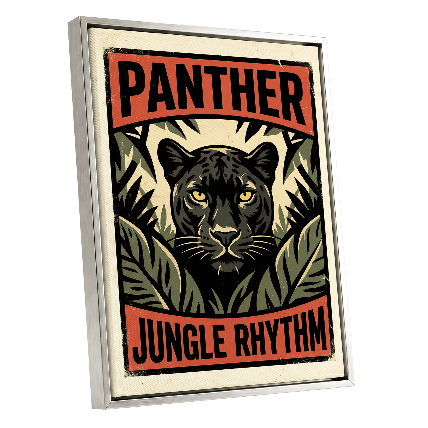 Panther Jungle Rhythm, black, green, beige nature wall art shown as a silver framed canvas wall art