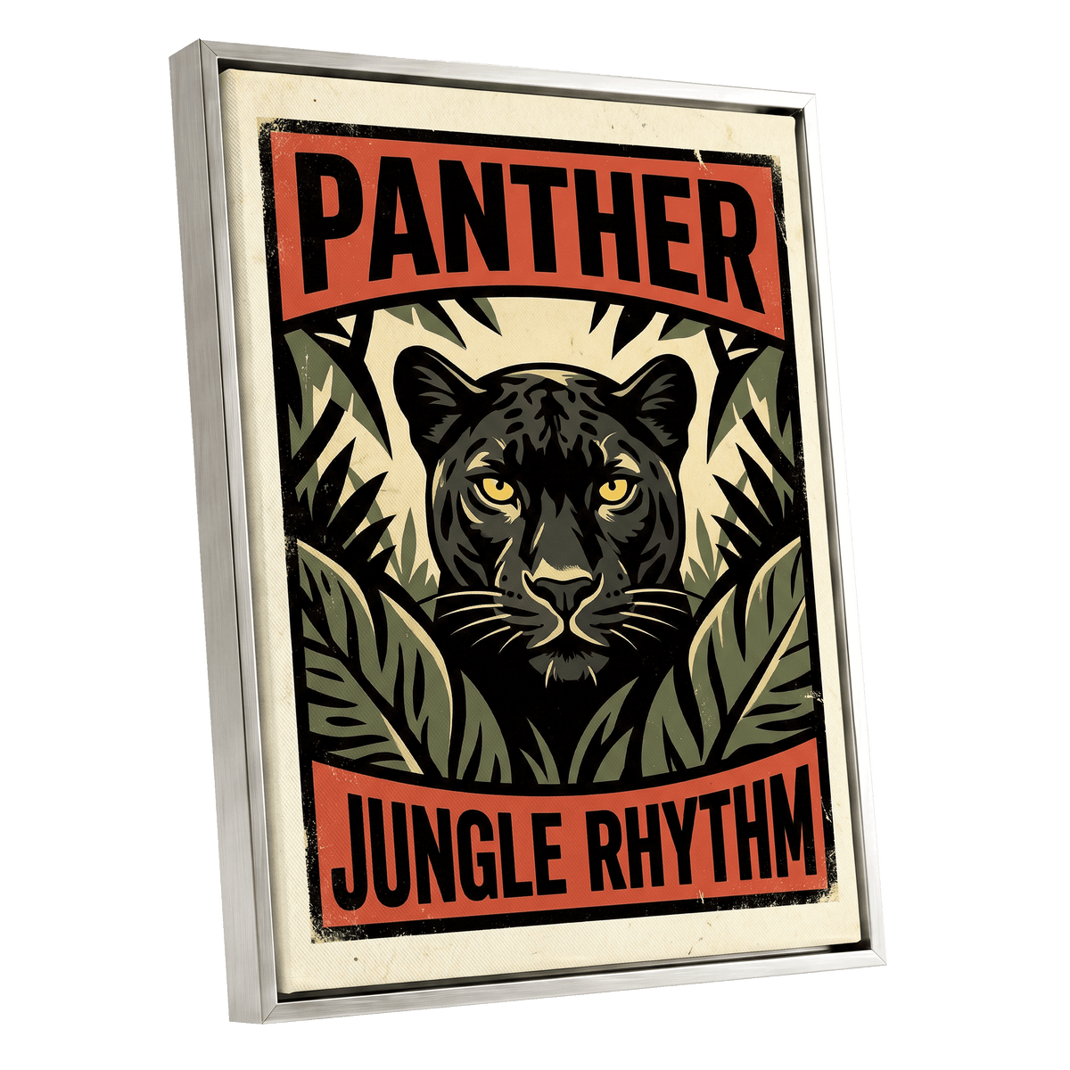 Panther Jungle Rhythm, black, green, beige nature wall art shown as a silver framed canvas wall art