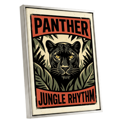 Panther Jungle Rhythm, black, green, beige nature wall art shown as a silver framed canvas wall art