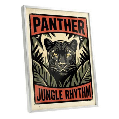 Panther Jungle Rhythm, black, green, beige nature wall art shown as a silver framed poster wall art print