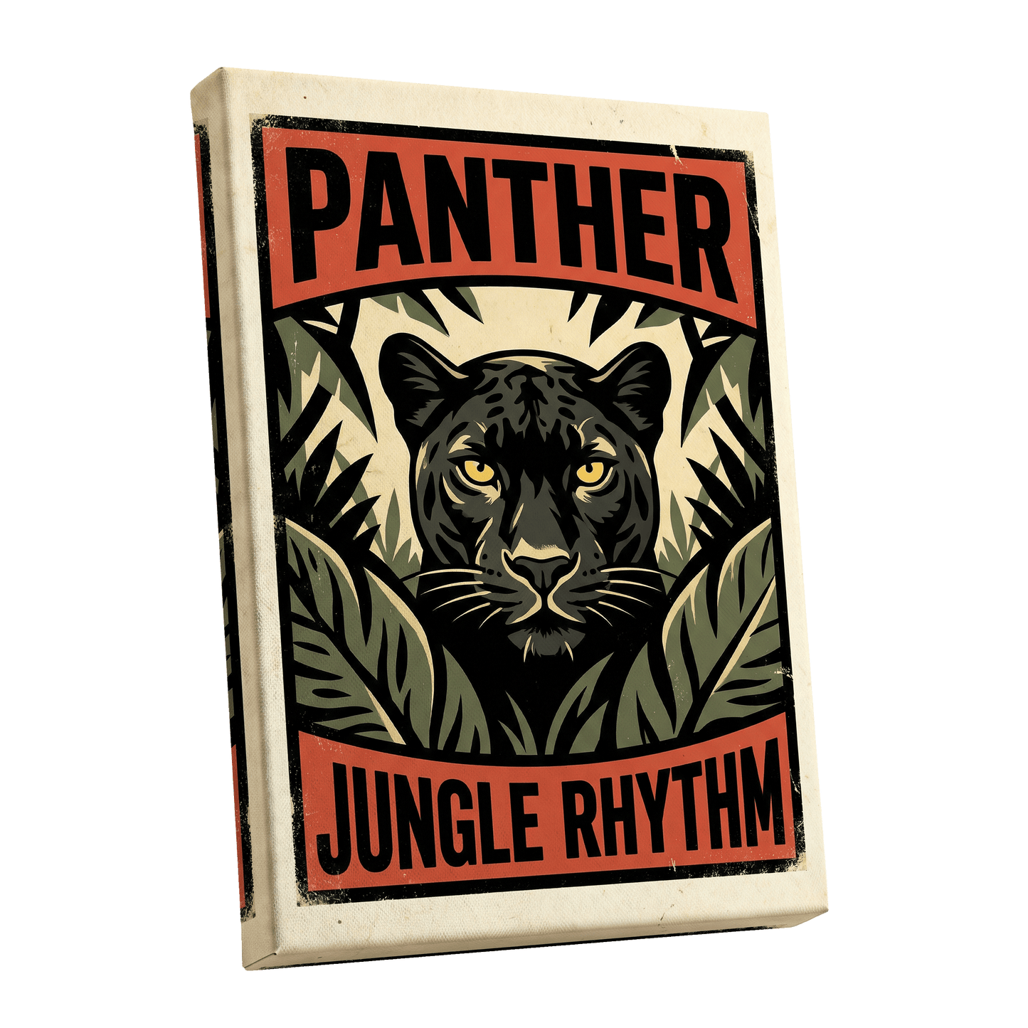 Panther Jungle Rhythm, black, green, beige nature wall art shown as a stretched canvas wall art