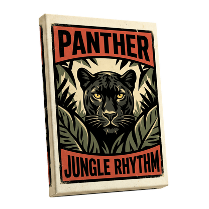 Panther Jungle Rhythm, black, green, beige nature wall art shown as a stretched canvas wall art
