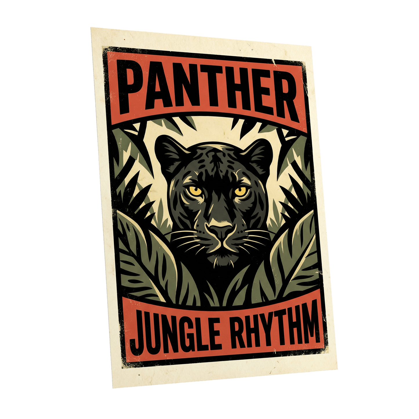 Panther Jungle Rhythm, black, green, beige nature wall art shown as a unframed poster wall art print
