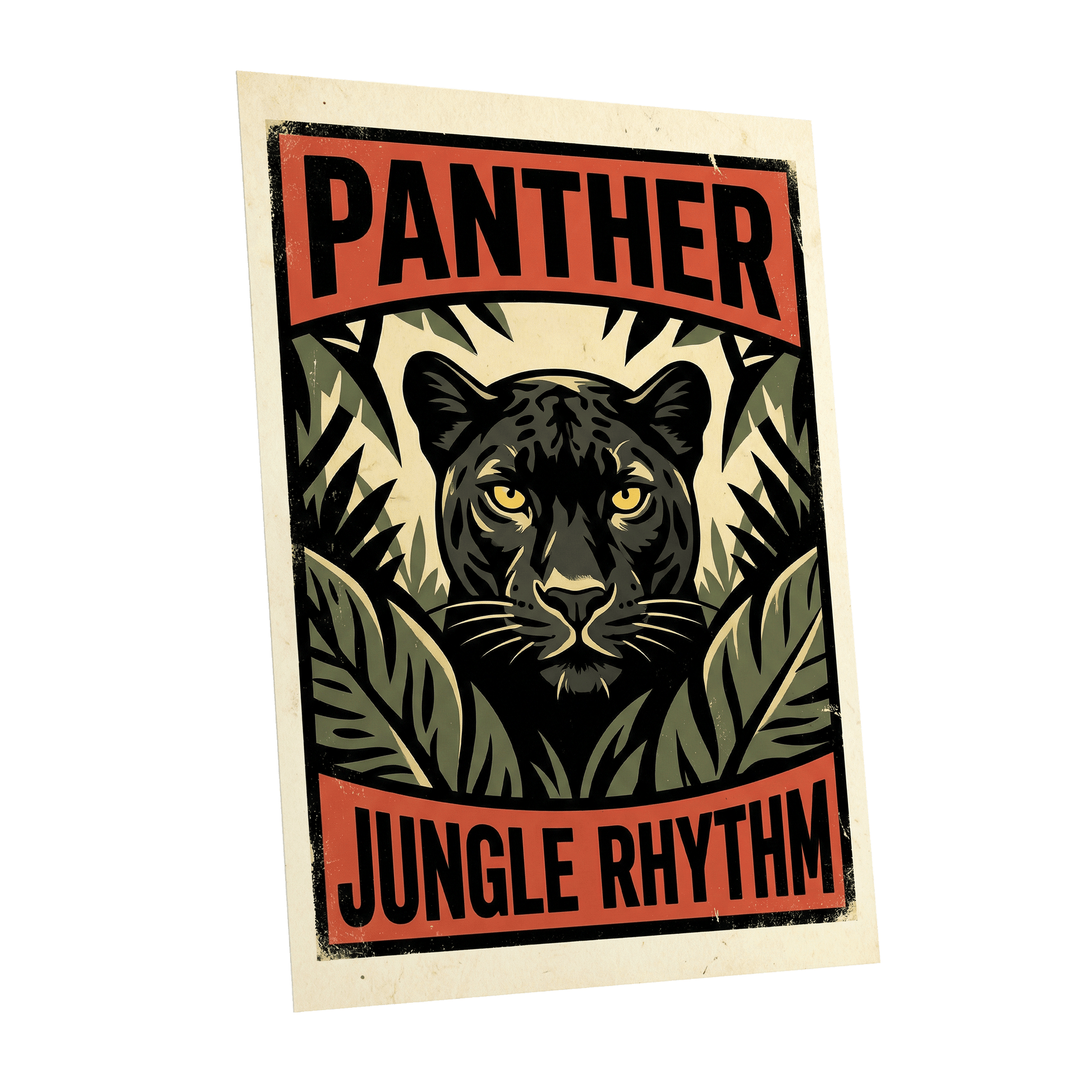 Panther Jungle Rhythm, black, green, beige nature wall art shown as a unframed poster wall art print