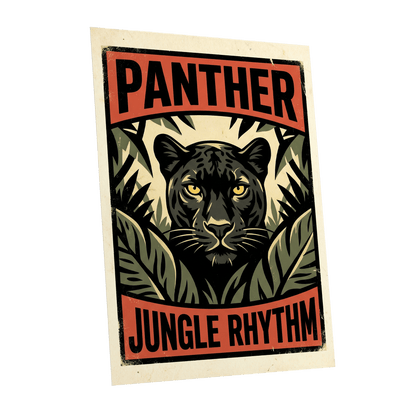 Panther Jungle Rhythm, black, green, beige nature wall art shown as a unframed poster wall art print