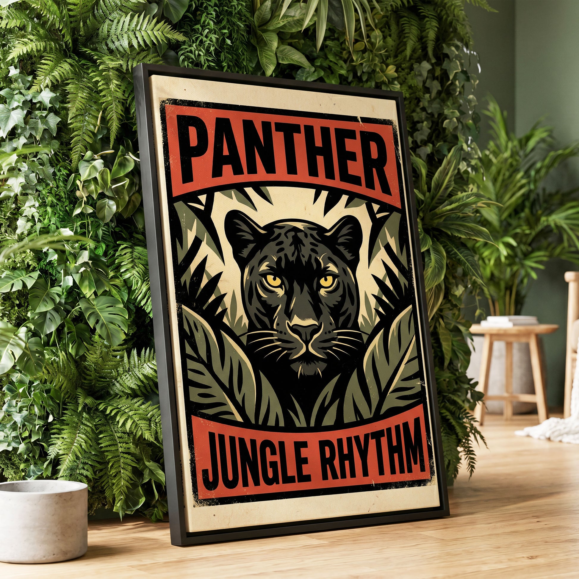 Panther Jungle Rhythm, black, green, beige nature wall art displayed in a styled interior, gallery view 1