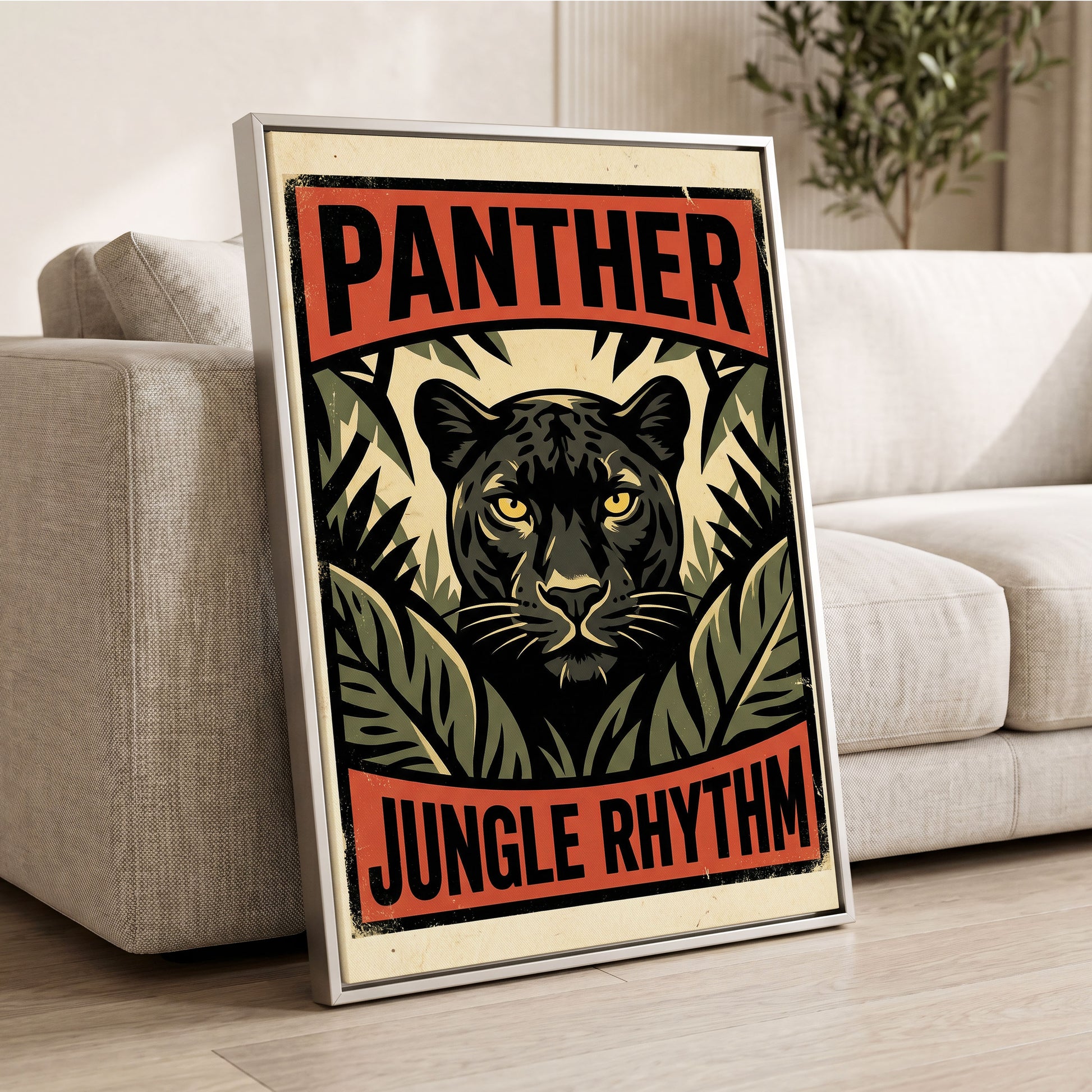 Panther Jungle Rhythm, black, green, beige nature wall art displayed in a styled interior, gallery view 2