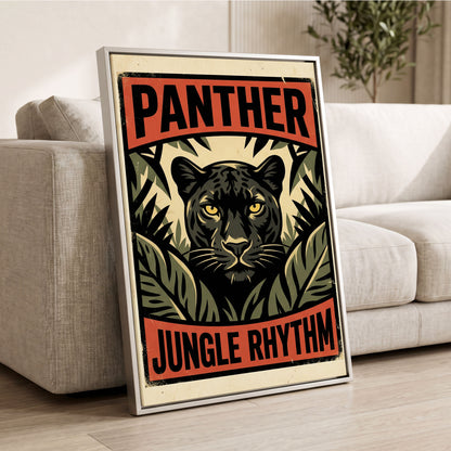 Panther Jungle Rhythm, black, green, beige nature wall art displayed in a styled interior, gallery view 2