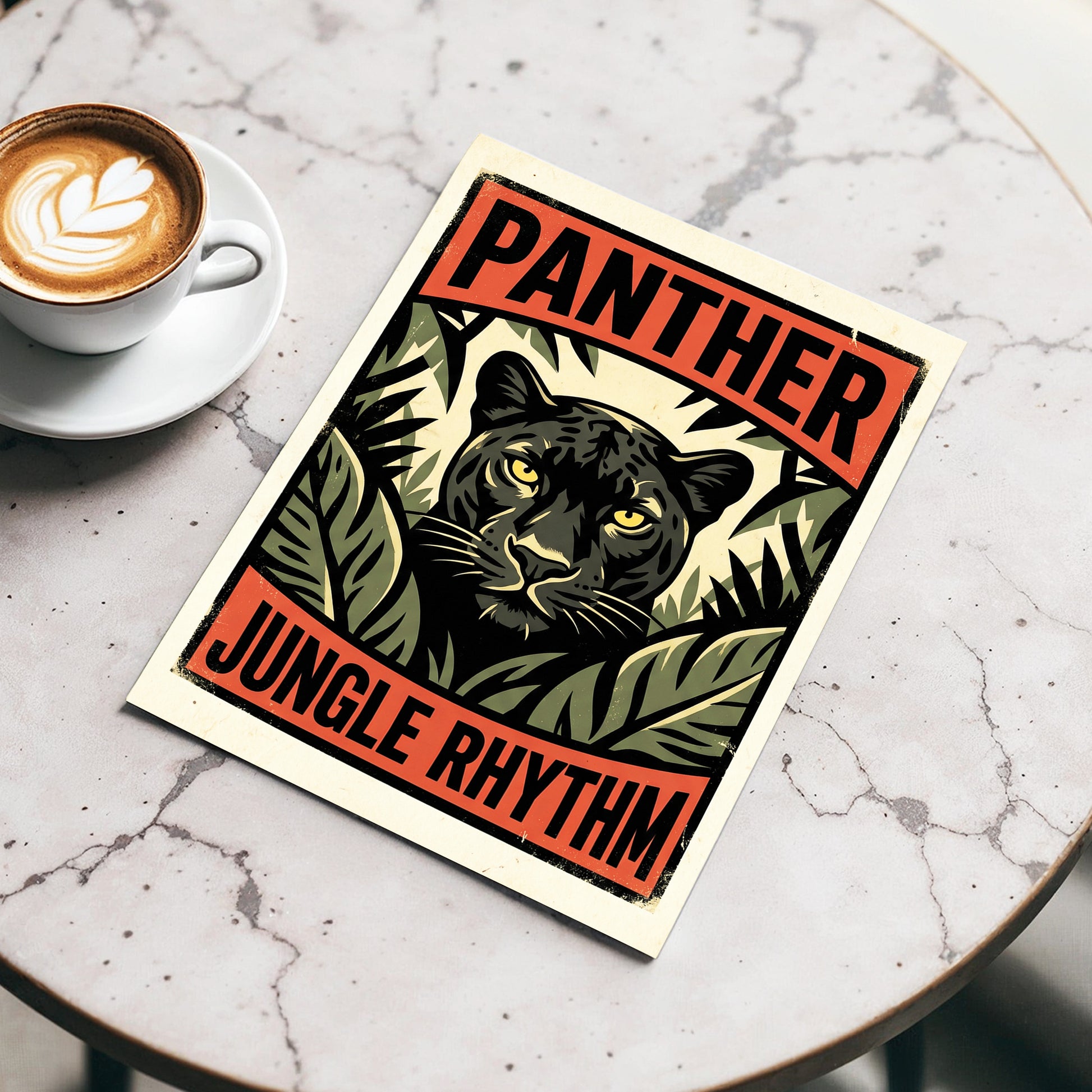 Panther Jungle Rhythm, black, green, beige nature wall art displayed in a styled interior, gallery view 3
