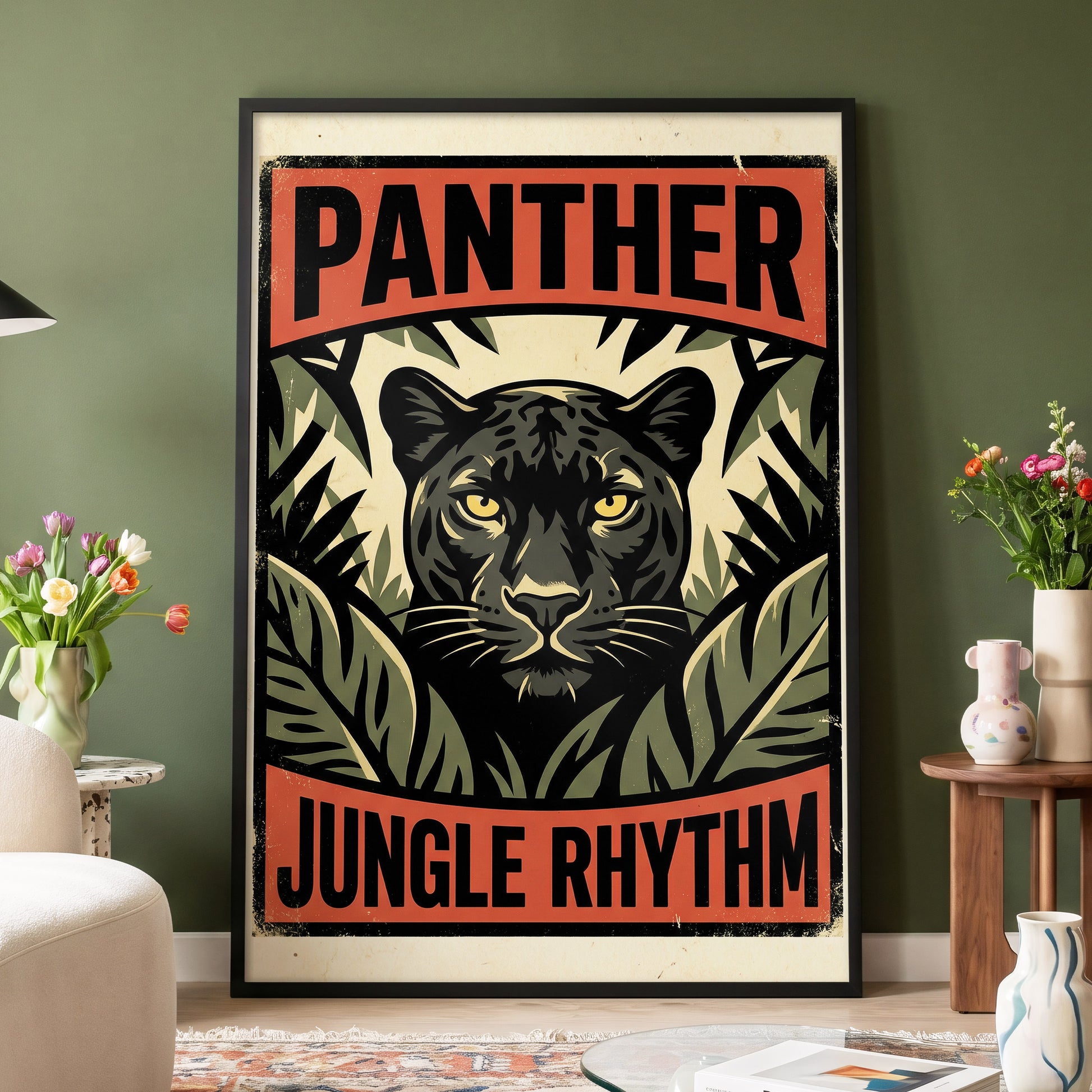 Panther Jungle Rhythm, black, green, beige nature wall art displayed in a styled interior, gallery view 4